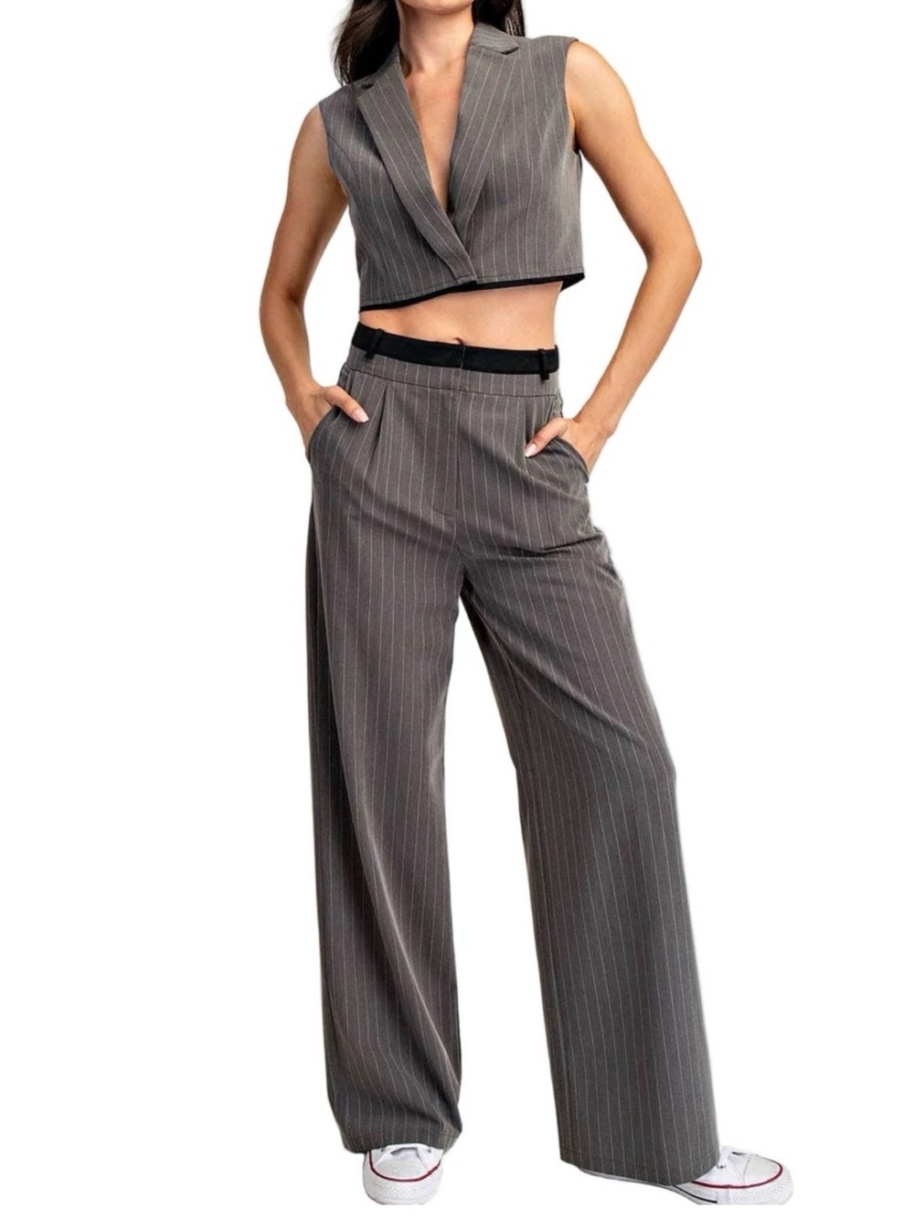 Edit by nine boutique grey wide leg slacks with white trim